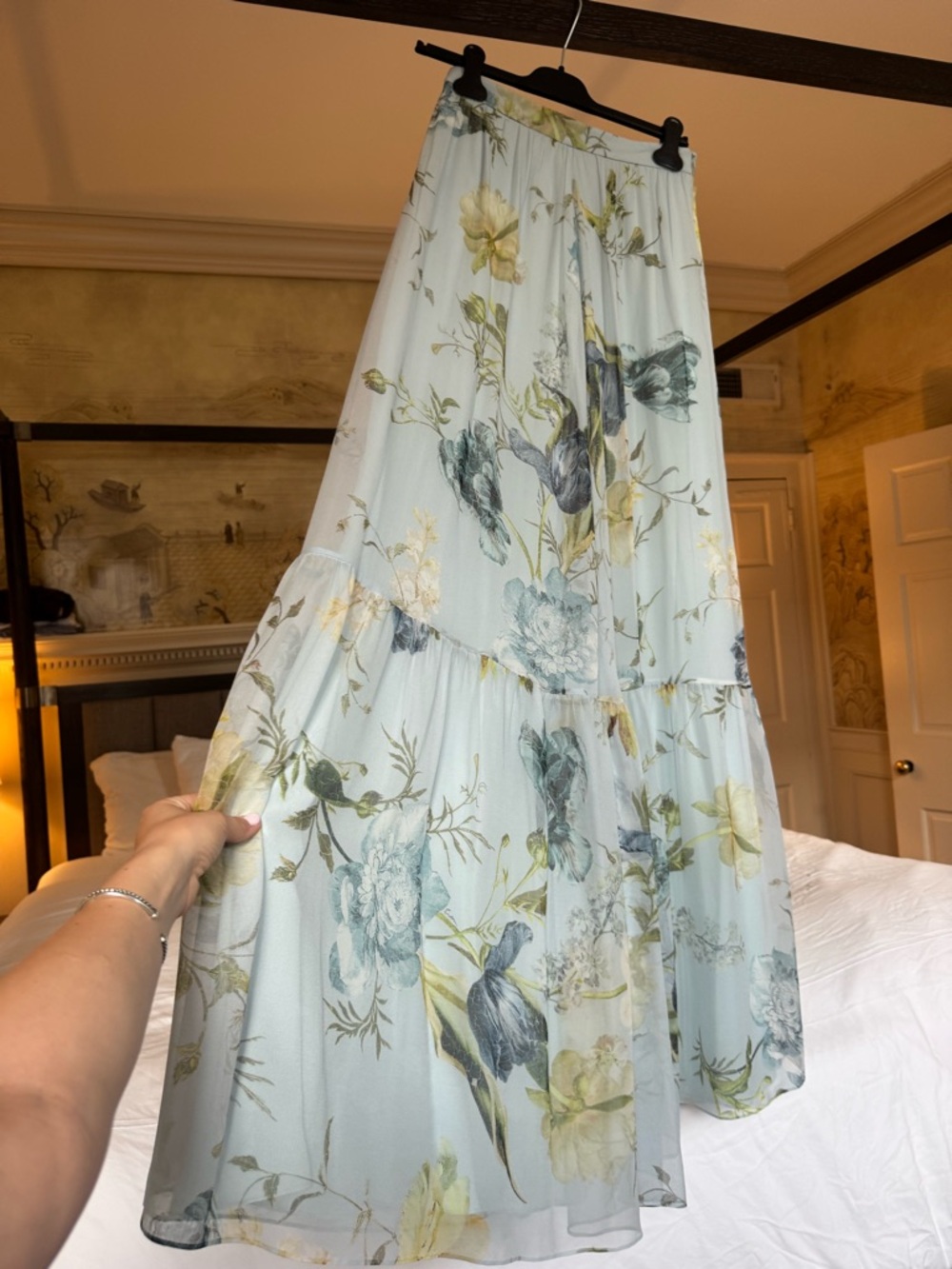 ERDEM Pale Blue Floral Tiered Maxi Skirt - Picture 2 of 7